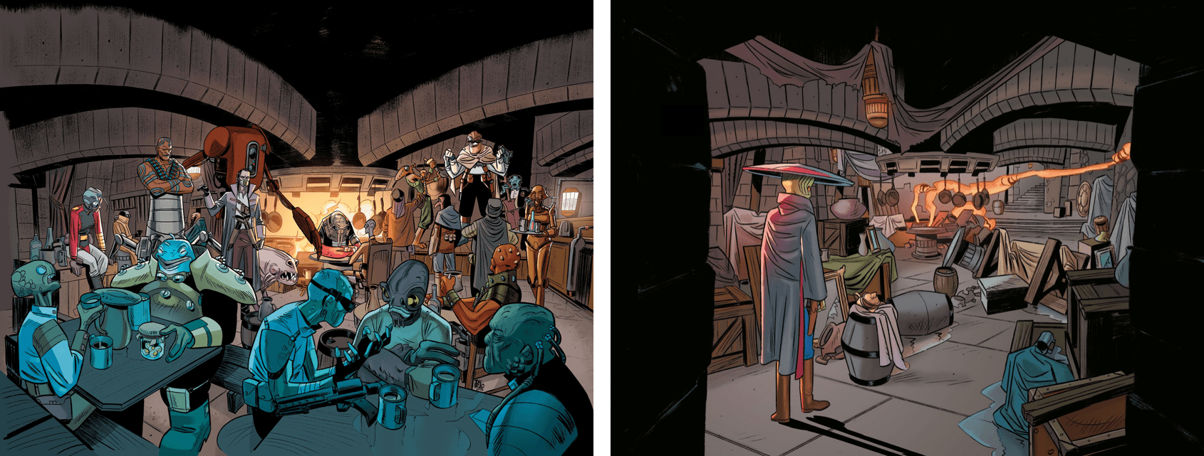 Contrasting shots of Maz Kanata's castle between Issue 1 and 7. Issue 1 shows it full of life. Issue 7 shows Sav sneaking into the same room, violently destroyed.